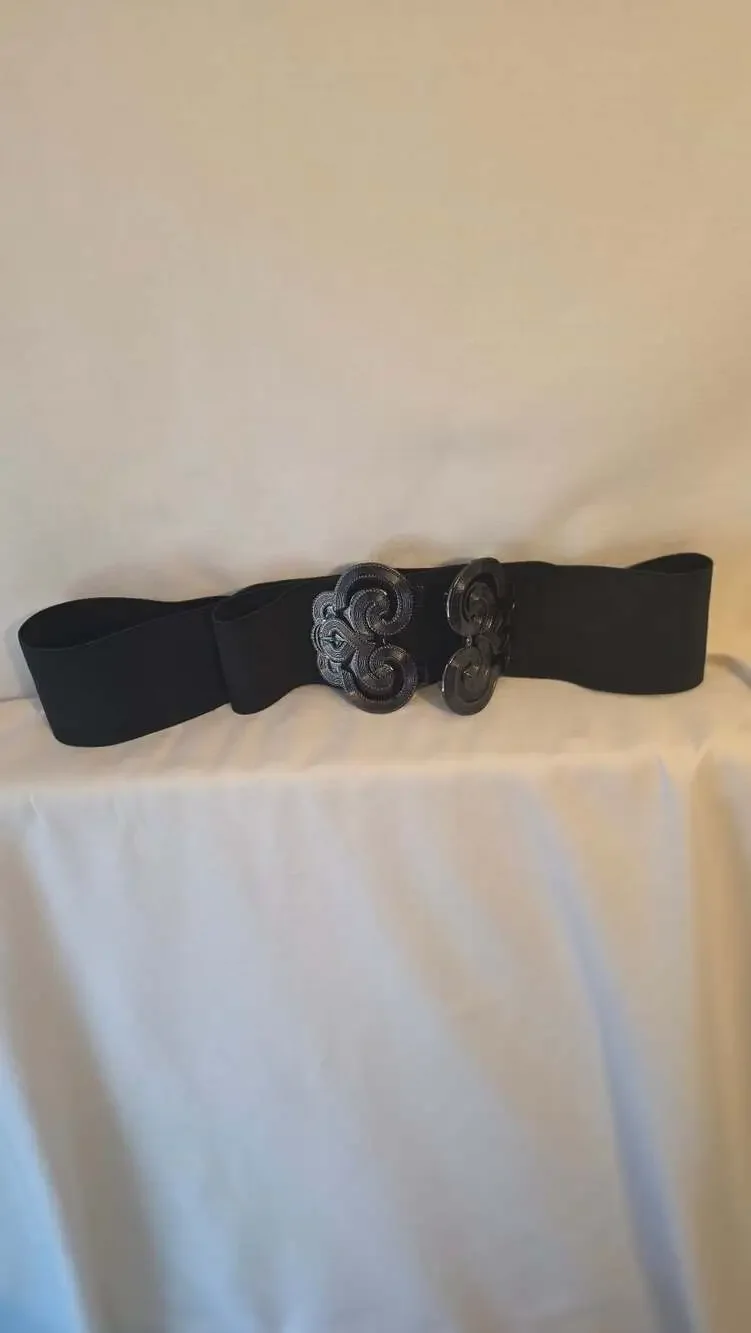 Black Elastic Stretch Belt with Silver Tone Swirl Buckle